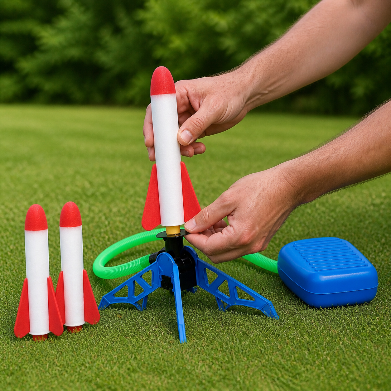 Family using a foot-powered foam rocket launcher in a clear grassy area