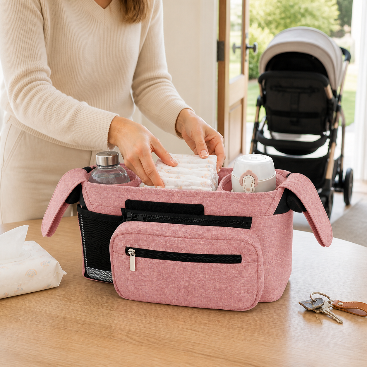 Parent packing nappies and bottles into a pink stroller organiser in a bright entryway.