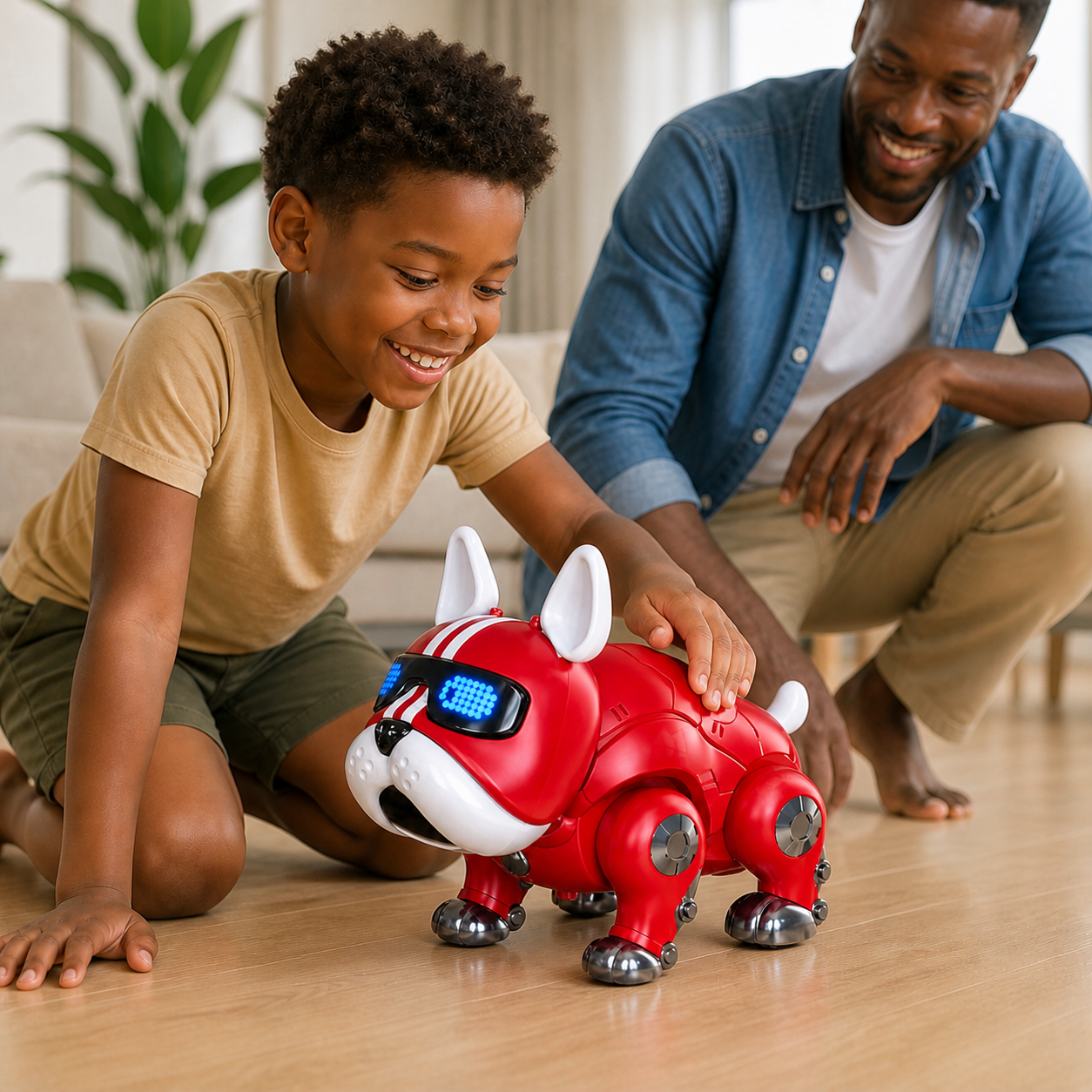 Dance Music Bulldog Robot Intelligent Interactive Dog Light — close low-angle view of the robot’s face panel and four articulated legs, product dominant