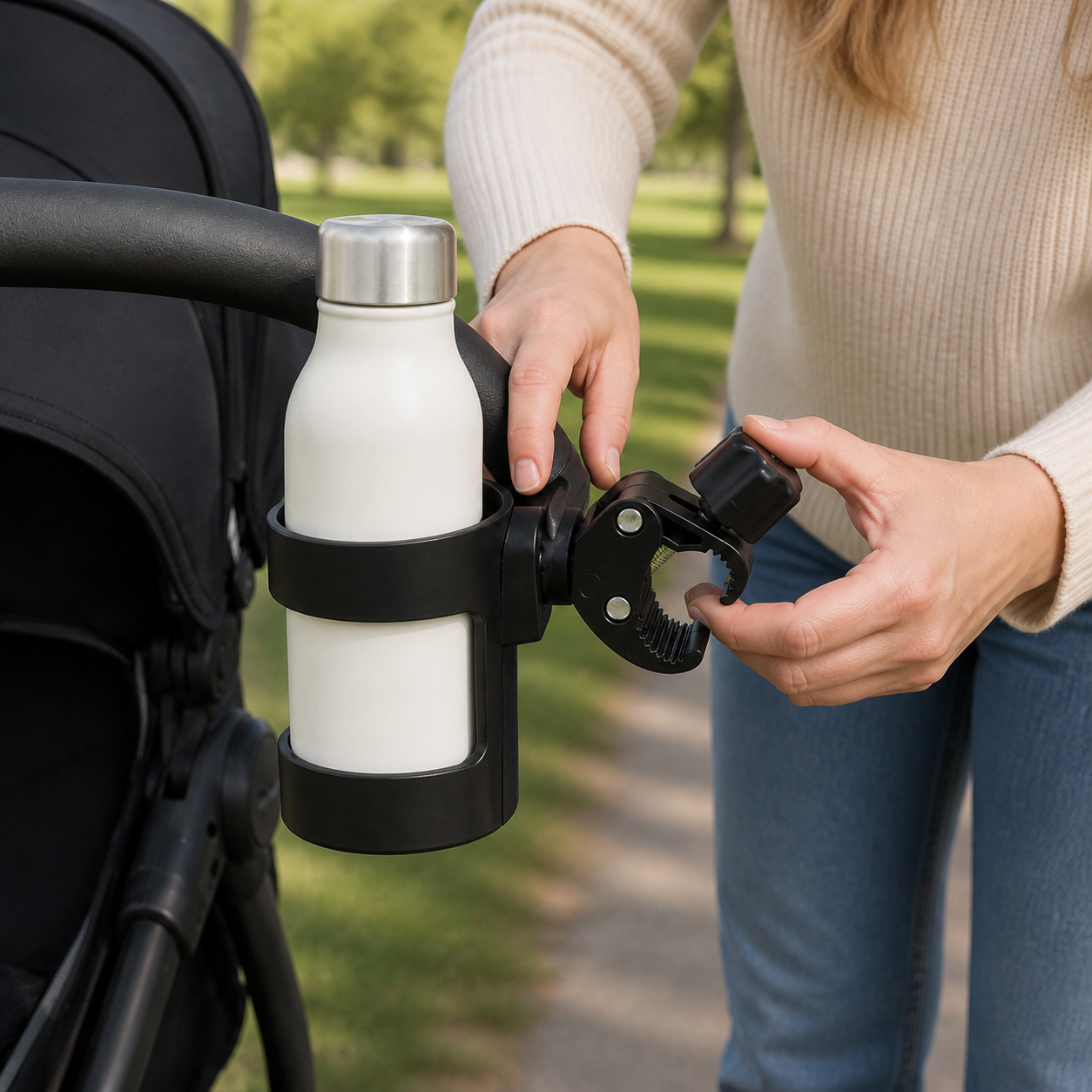 Universal Pram Cup Holder Adjustable Milk Bottle Coffee — close detail of adult tightening the articulated clamp onto the stroller frame