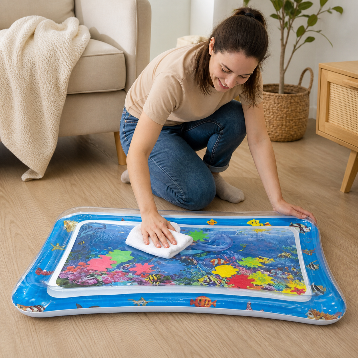 Baby Water Play Mat Inflatable Cushion PVC Infant — parent emptying and wiping the mat after a short supervised floor session, baby safely elsewhere