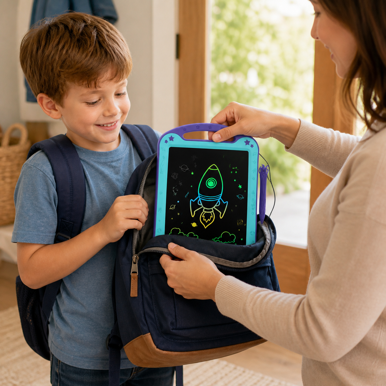 Purple-blue LCD writing tablet with tethered stylus and erase button visible
