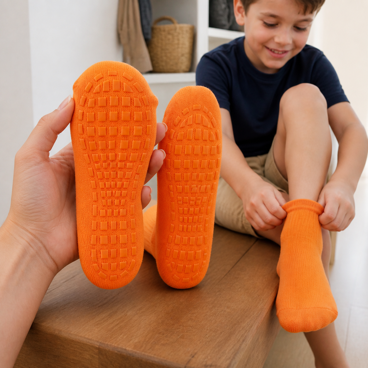 Parent showing the rectangular grip sole while a child puts on the matching orange sock