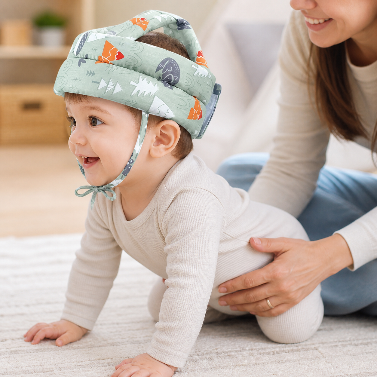 Baby Safety Helmet Head Protection Hat Soft Comfortable — close side view of segmented padding and comfortably secured chin ties, accurate anatomy