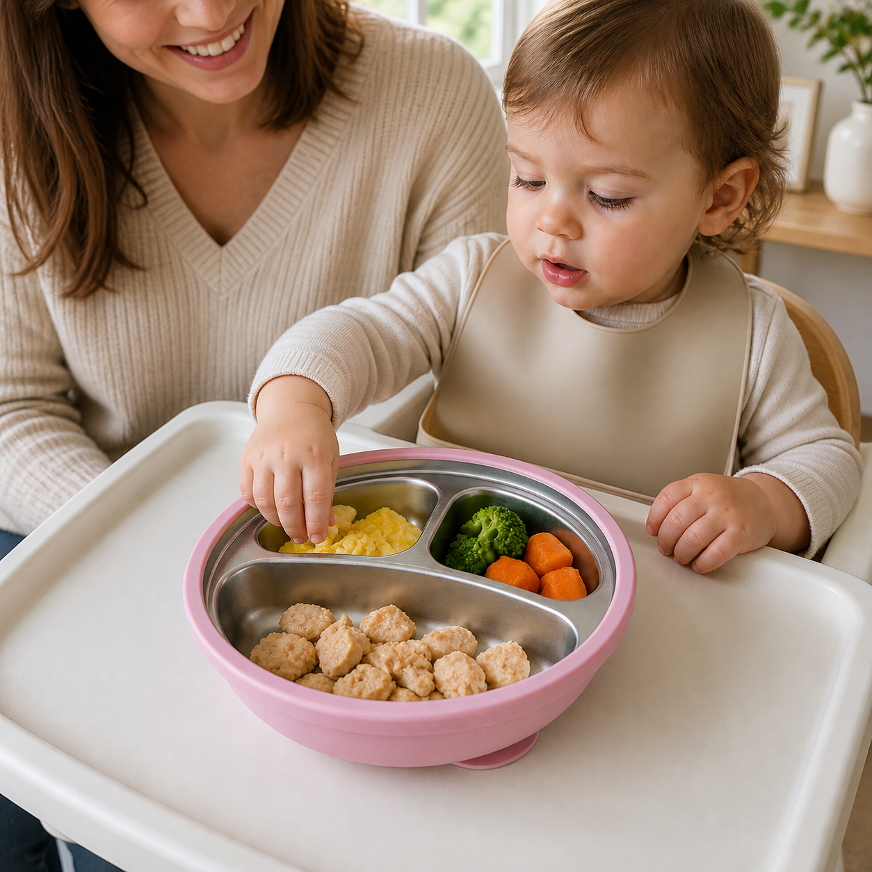 Toddler using the pink divided suction plate on a smooth high-chair tray