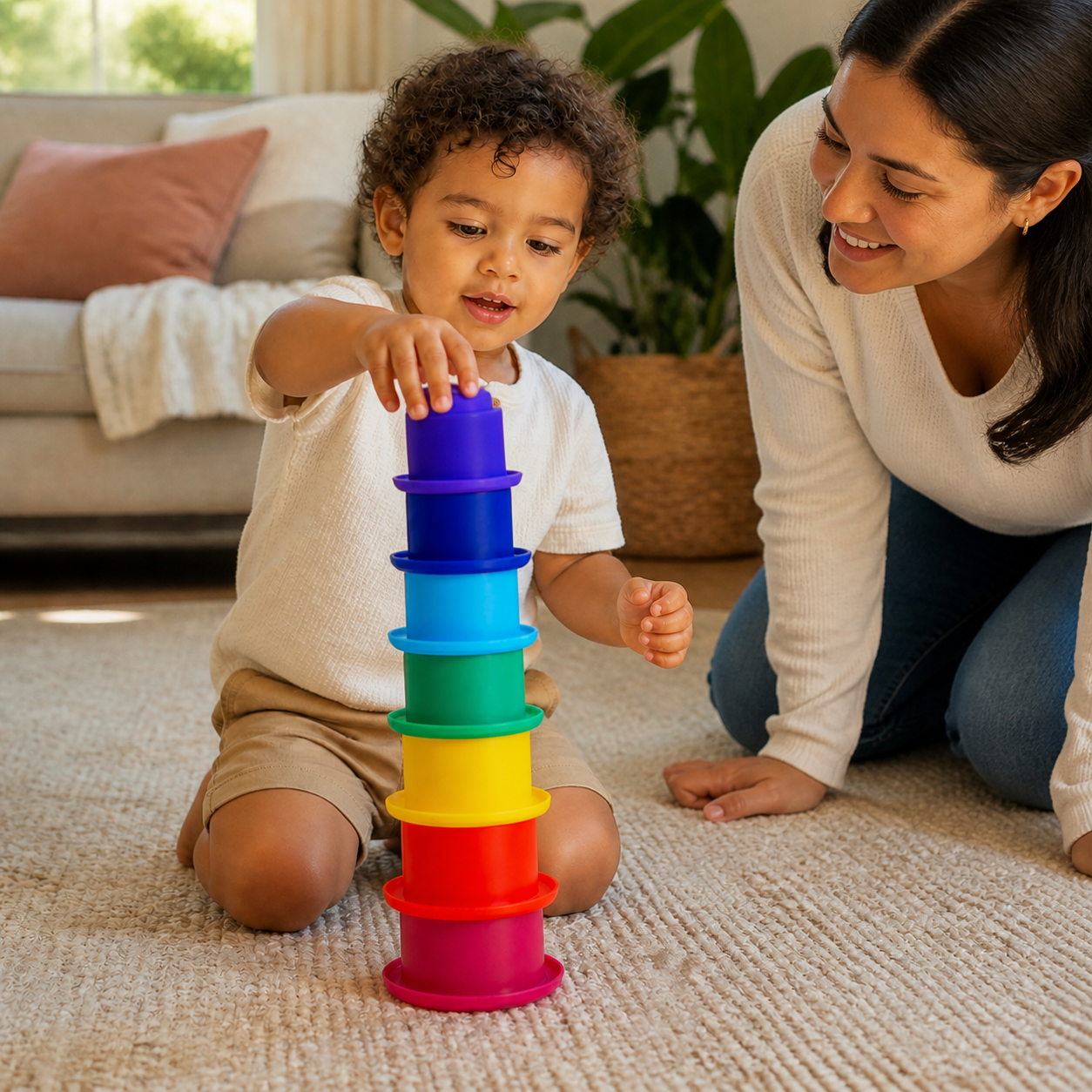Montessori Silicone Stacking Toys Rainbow Tower Cup Early — toddler stacking the seven silicone cups into a tower, all seven visible or accounted for