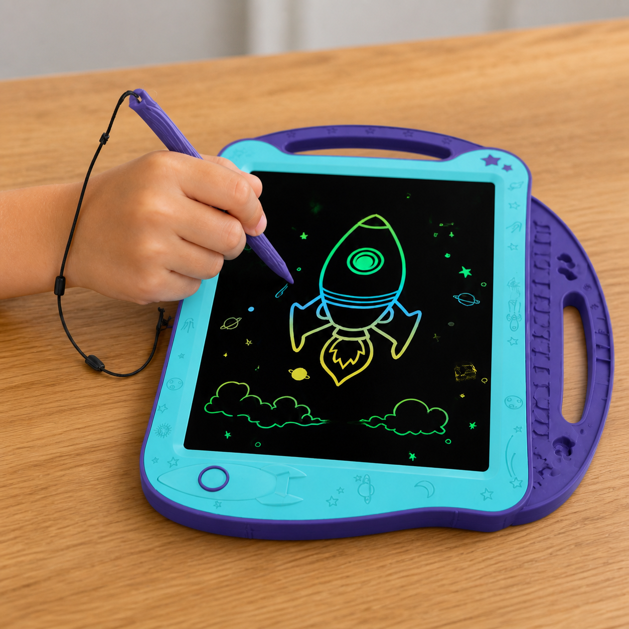 Child using a purple-blue LCD doodle pad during a supervised family trip