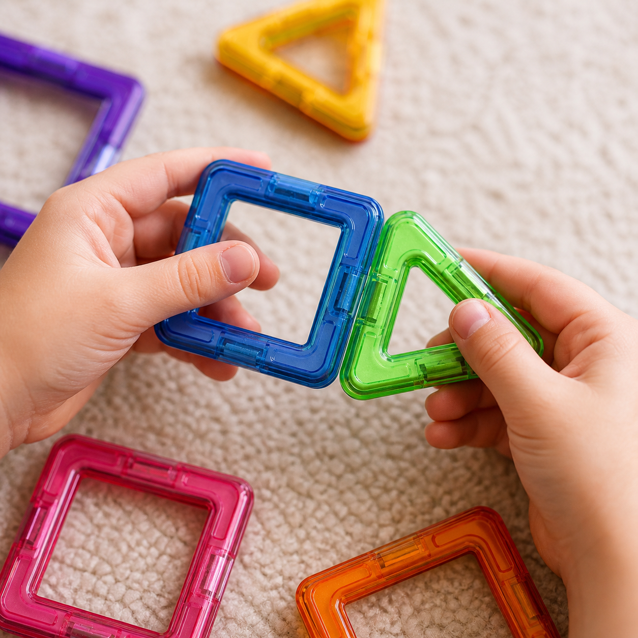 Two children collaborating with large magnetic building squares and triangles