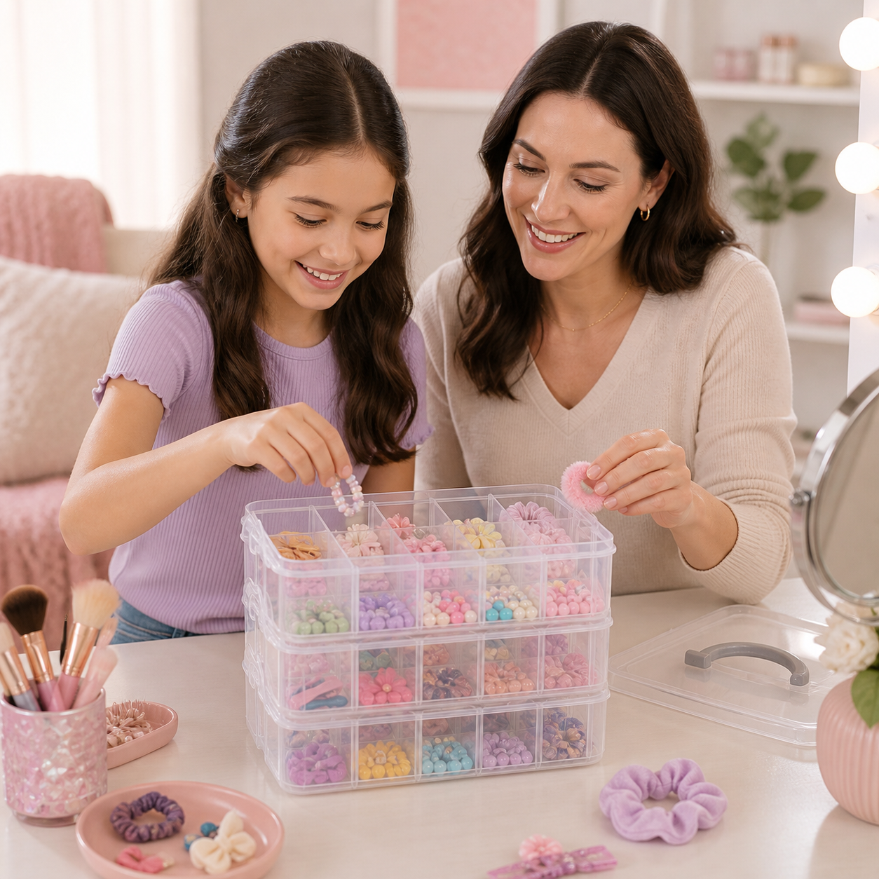 Adult selecting jewelry from a clear three-tier 18-compartment organizer