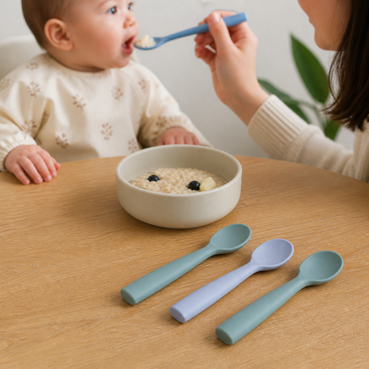 Silicone Spoon Personalized Custom Name Material Soft Baby — three matching spoons neatly ready beside a simple family mealtime setup, baby and parent softly in background