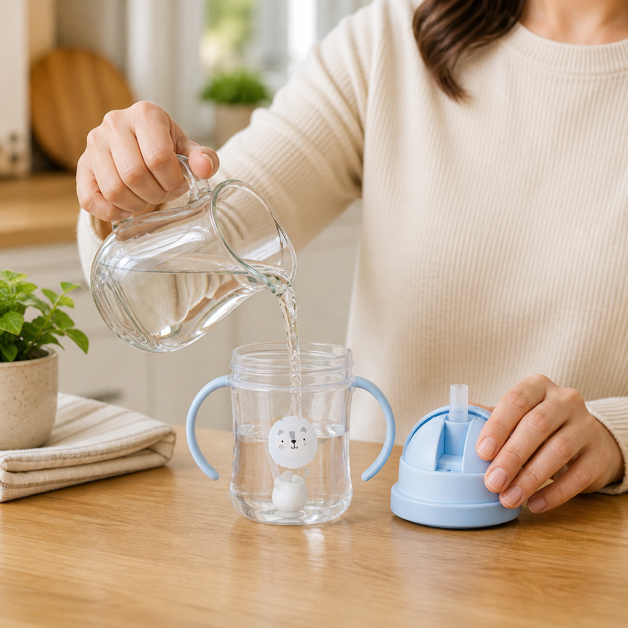 Adult filling a clear 250 ml cartoon straw cup with cool water beside its pale-blue lid.