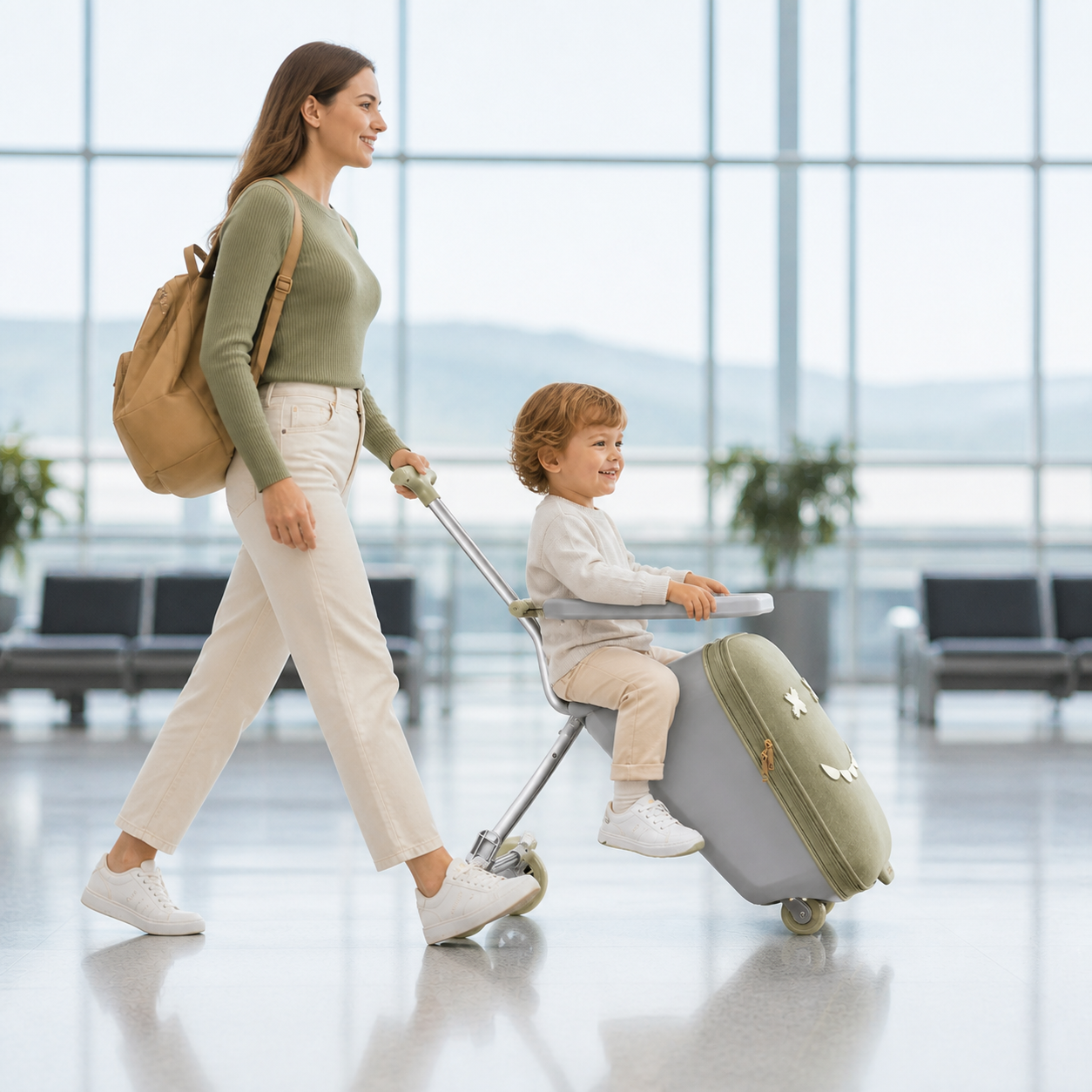 Side view of a parent slowly guiding a seated child on a pale-green monster ride-on trolley suitcase across a spacious terminal.