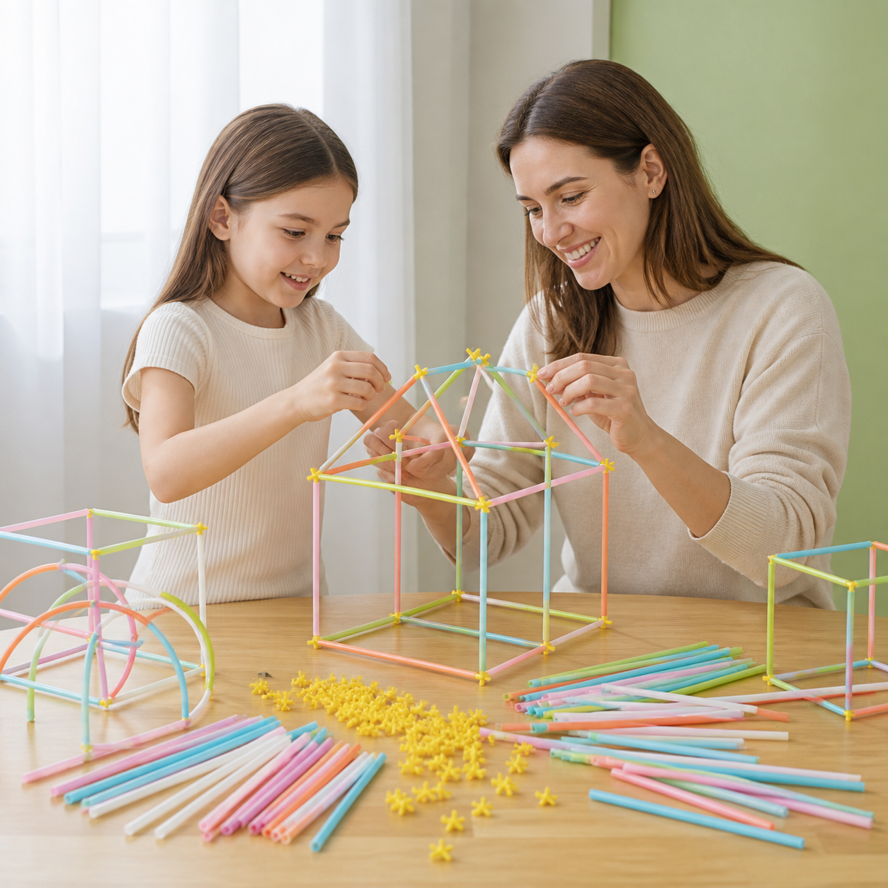 Children building a large pastel straw structure with small yellow connectors