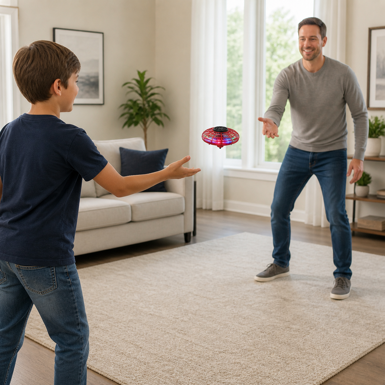 LED Flying Ufo Spinner Fingertip Upgrade Flight Helicopter — parent and child passing the spinner across a clear room with safe distance from faces