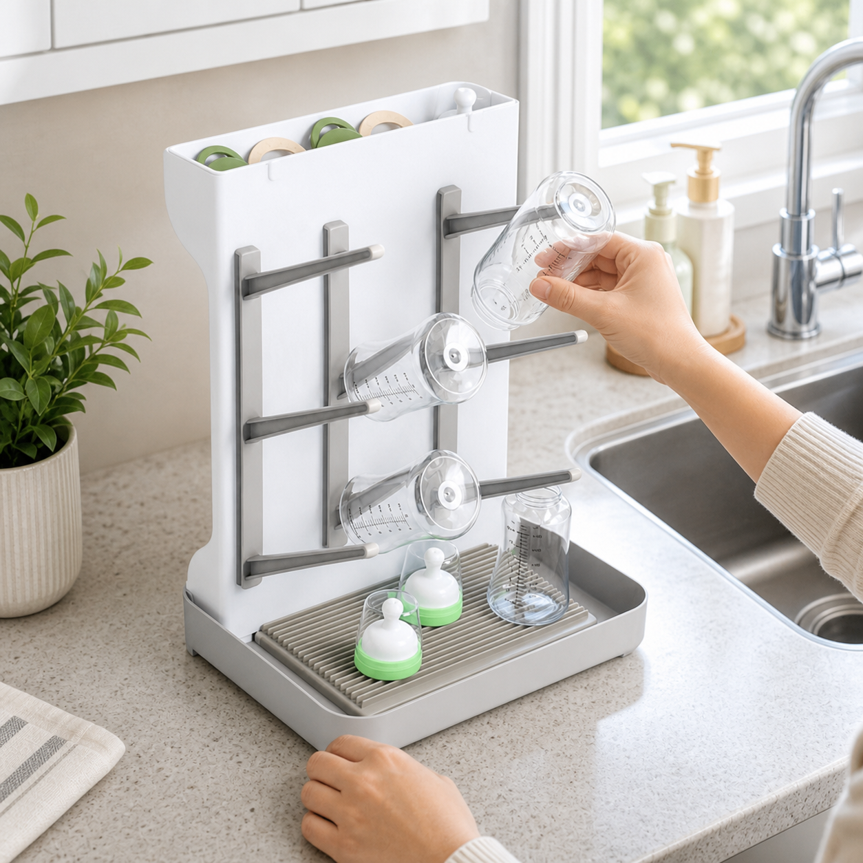 White and grey bottle drying rack with six separate angled arms holding washed baby bottles