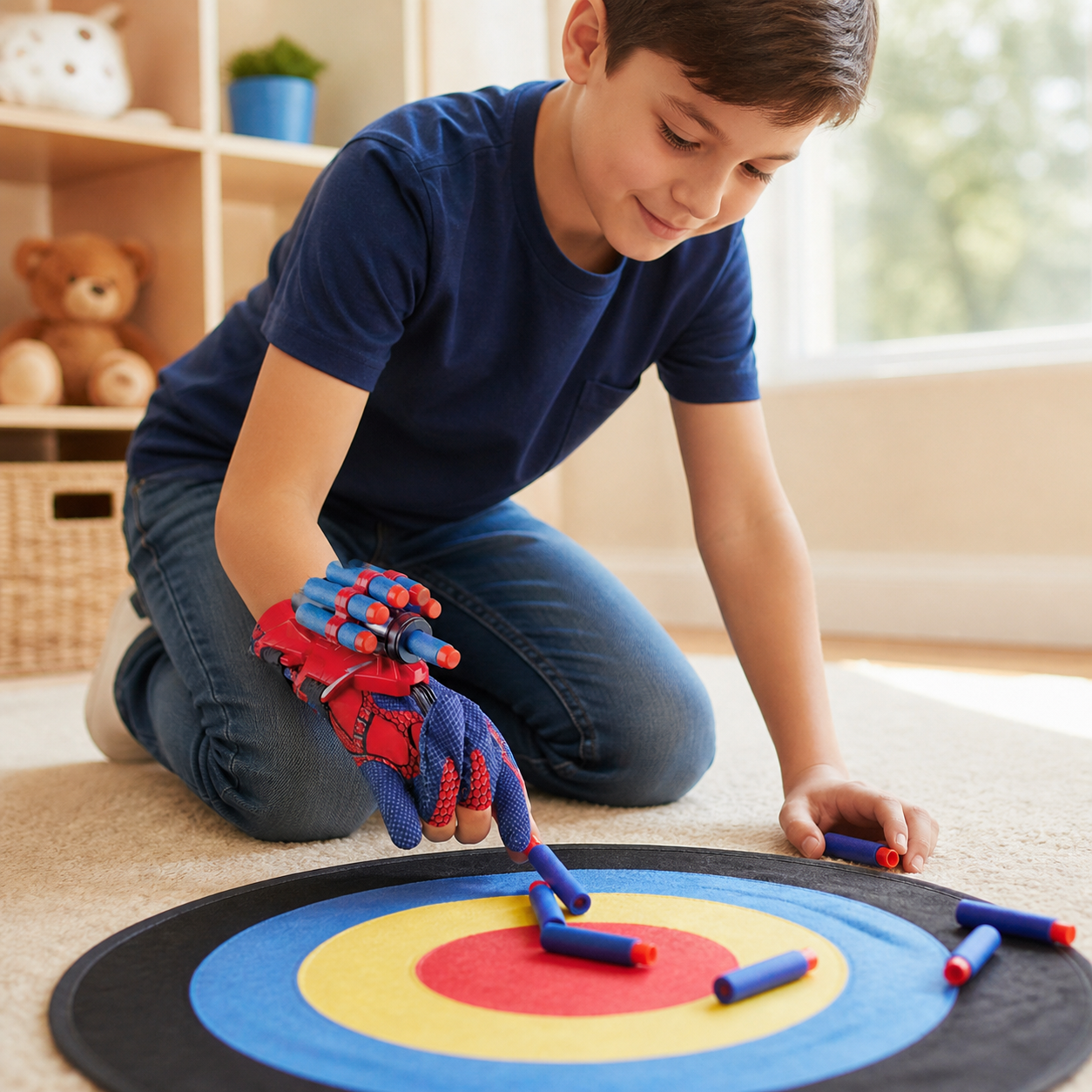 Adult Spider Web Soft Bullet Launcher Glove Cosplay — adult collecting the soft darts after a supervised cosplay target practice session