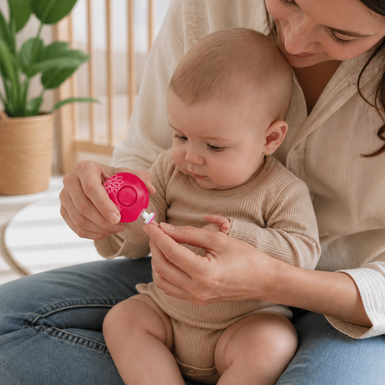 Electric Baby Nail Clipper Cutter Newborn Trimmer Kid — parent gently using the red electric trimmer on one supported baby fingernail
