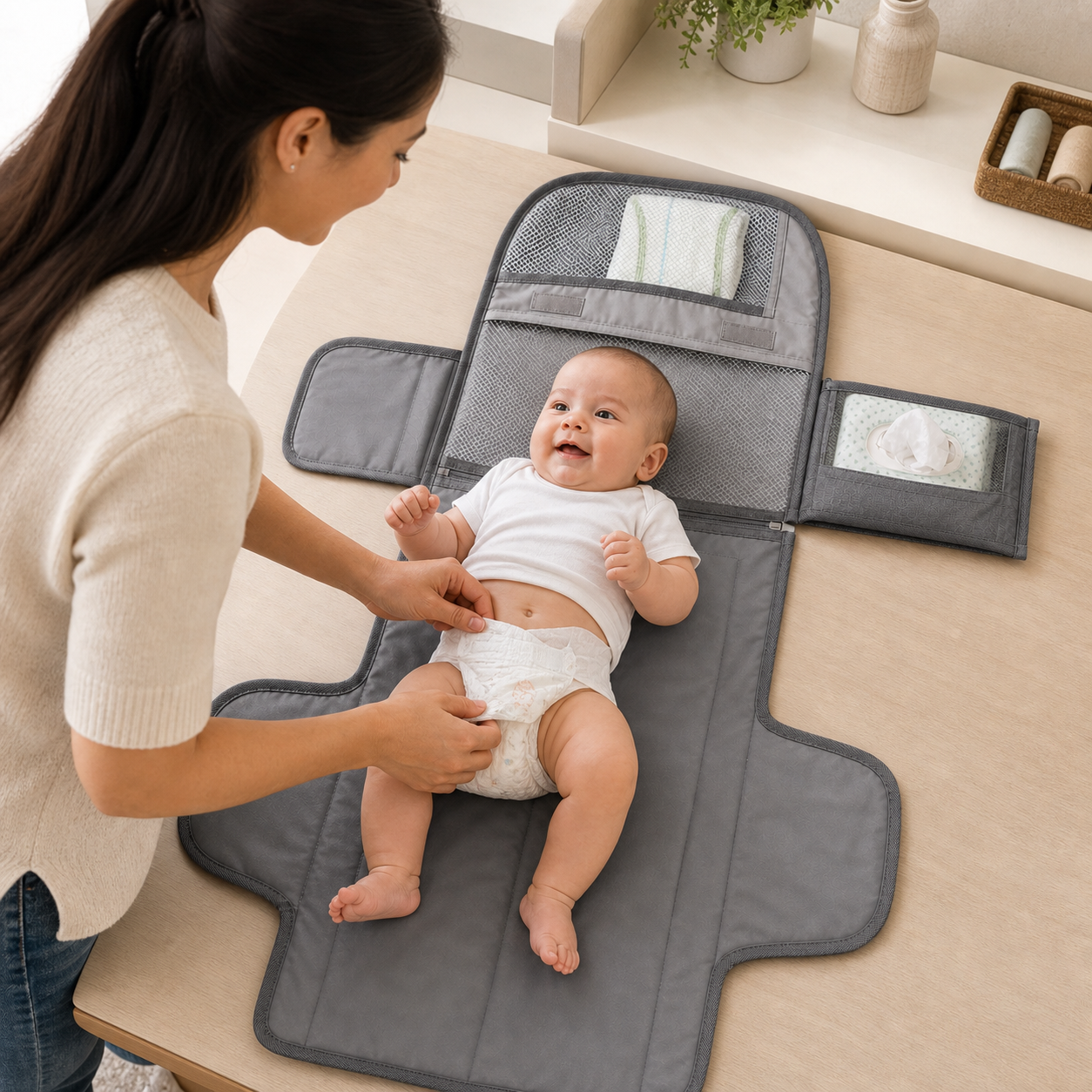 Grey portable changing pad opened safely for a baby nappy change