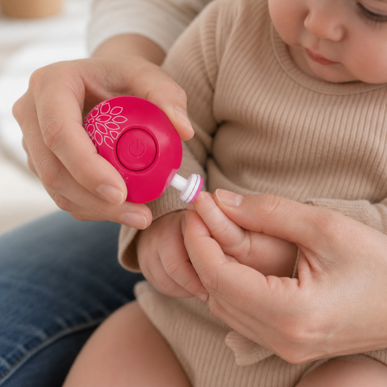 Electric Baby Nail Clipper Cutter Newborn Trimmer Kid — macro close view of accurate adult hands stabilizing the baby finger while the rounded head touches only the nail edge
