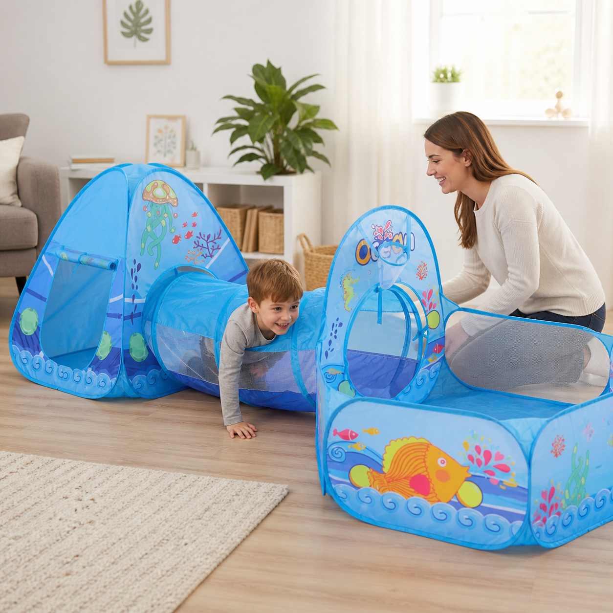 Young children using the blue 3-in-1 Ocean tent tunnel and ball-pit playhouse