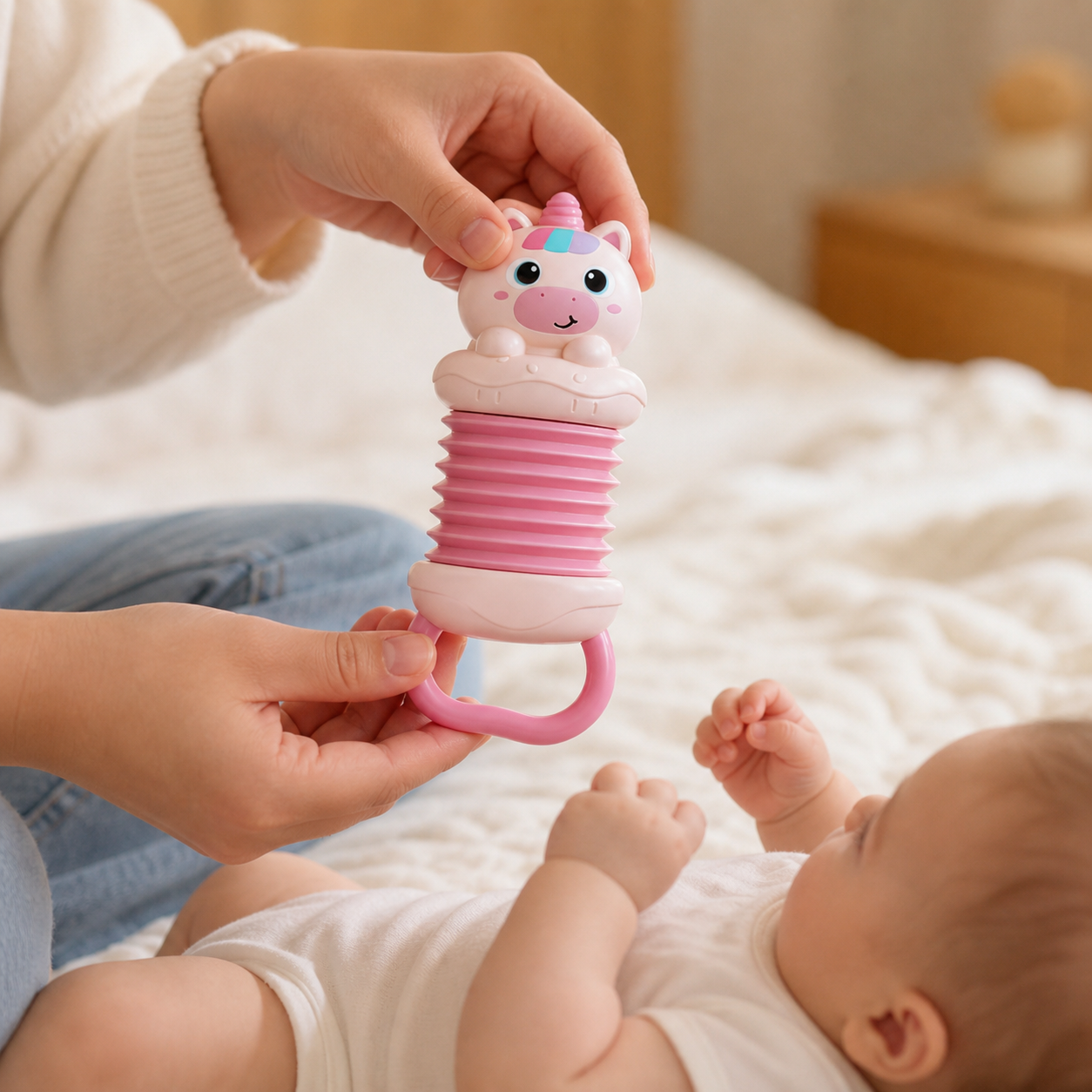 Baby Accordion Toy Unicorn Musical Instrument Early — close view of adult hands expanding the bellows, exact toy geometry and correct fingers