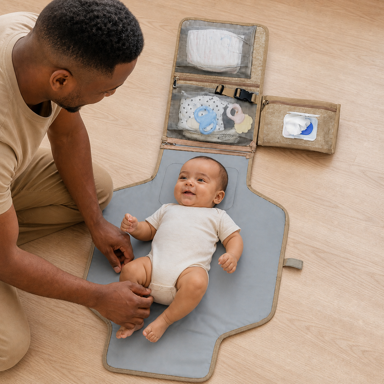 Baby Diaper Pad Waterproof Changing Travel Multifunction — overhead close view of clean diapers and wipes organized in the connected pockets, no products touching baby’s face