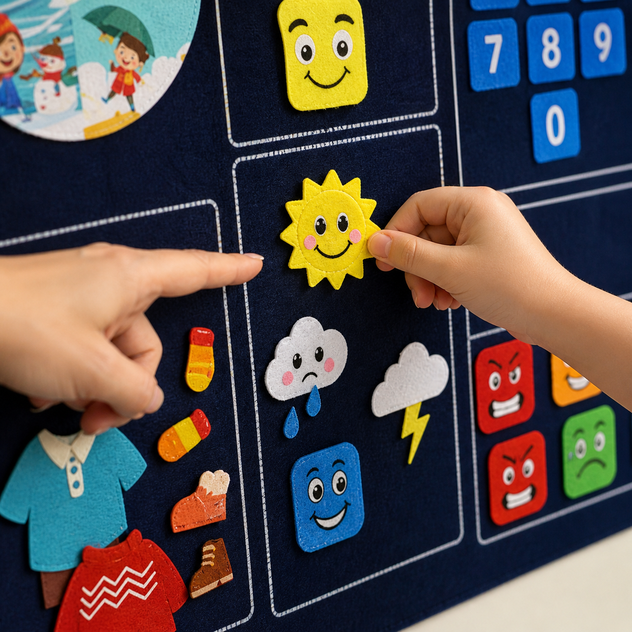 Child placing removable day date and weather pieces on a felt calendar