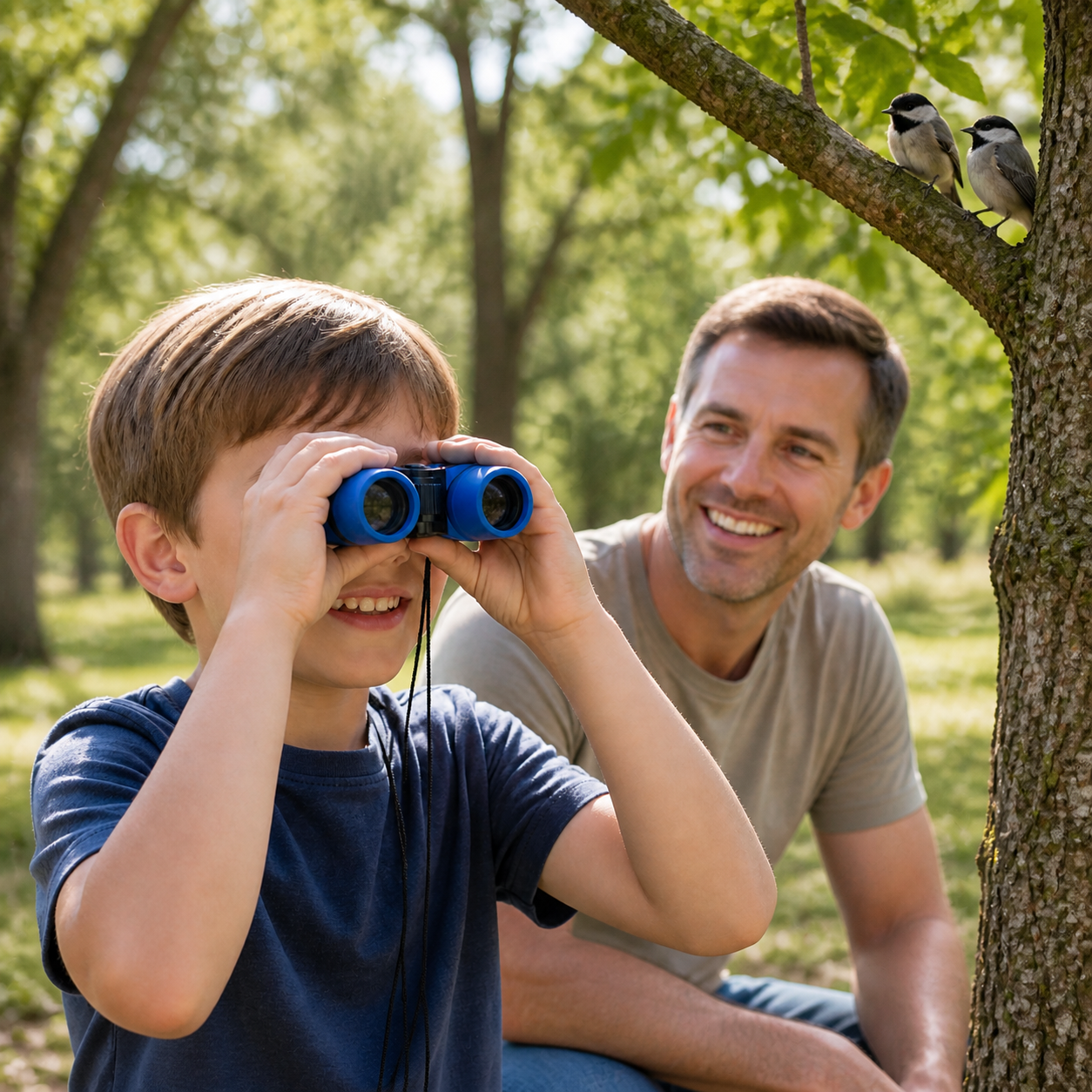 Young child observing birds with blue 4x30 binoculars in a park