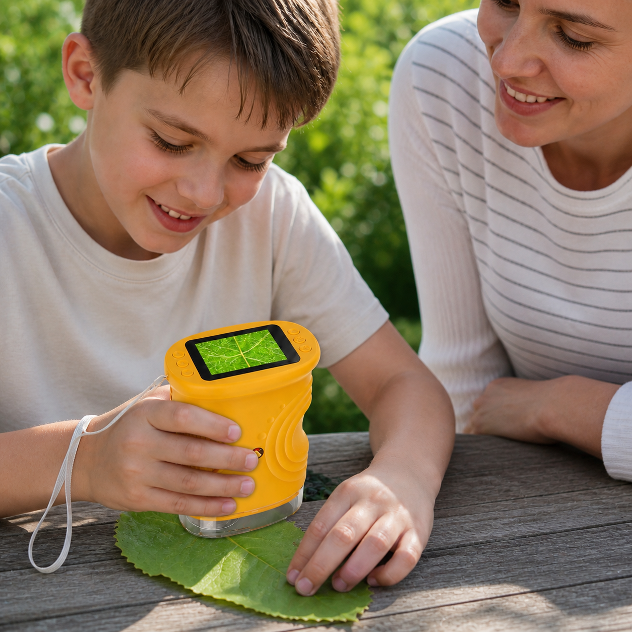 1000x Handheld Microscope Kids Screen Rechargeable Mini — close view of the lens positioned above leaf texture and the integrated screen showing a plausible magnified pattern without readable interface text