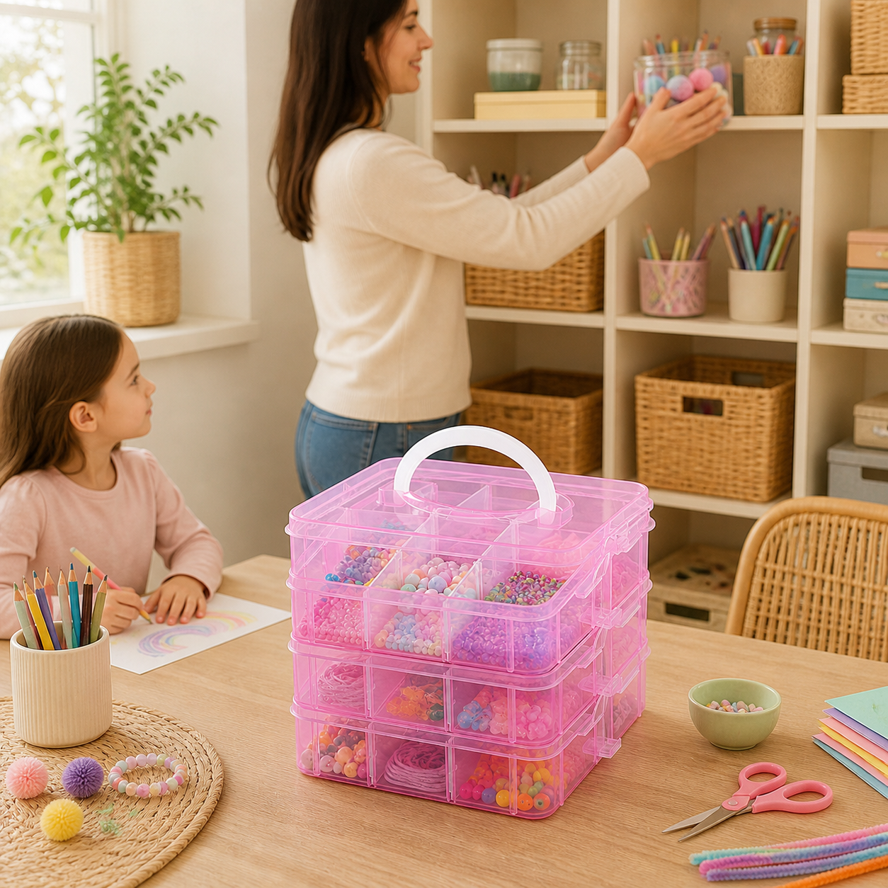 Parent returning small craft pieces to a latched stackable organiser after an activity.