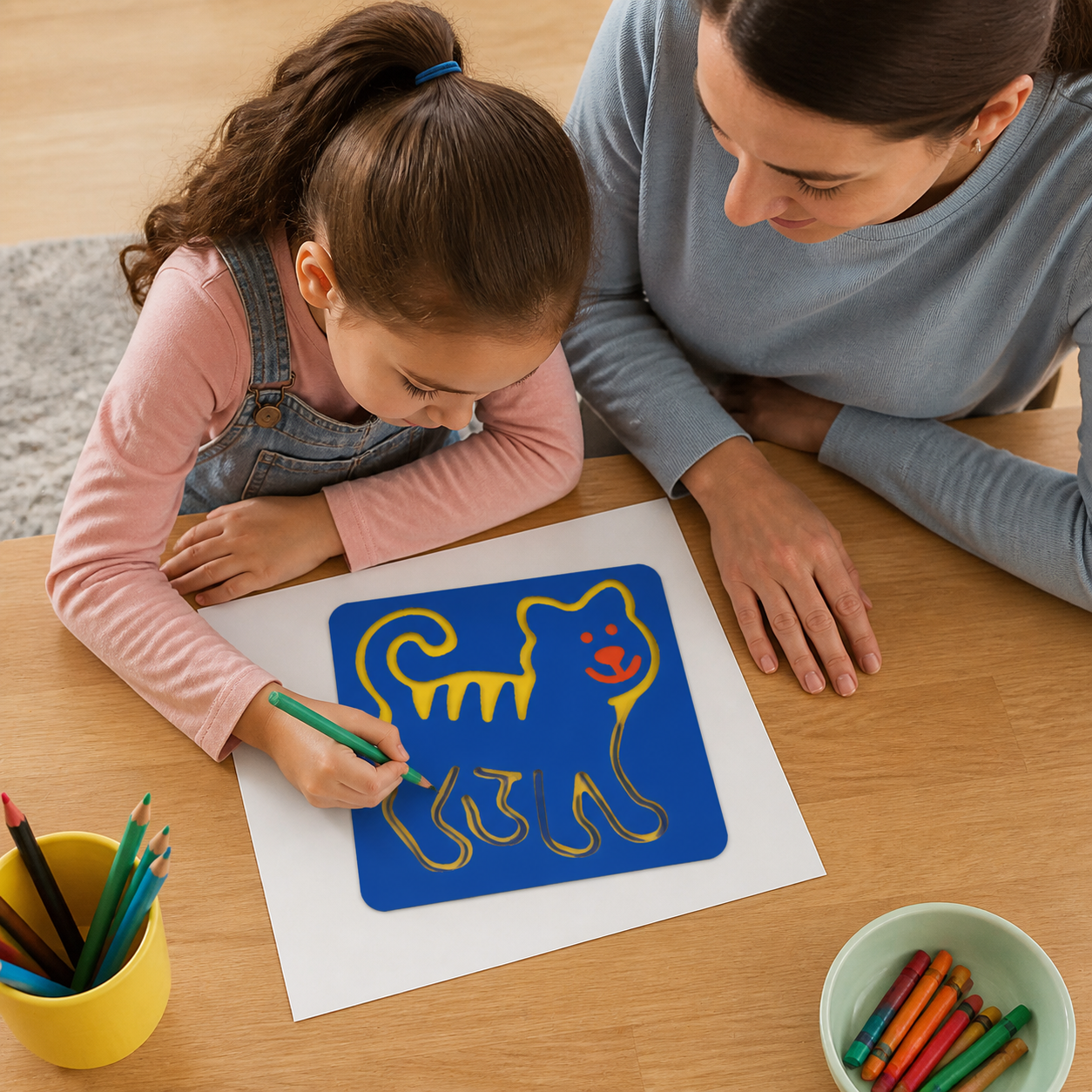 Plastic Drawing Templates Reusable Creative Tracing Boards — child tracing through the stencil onto paper, product fully visible from overhead