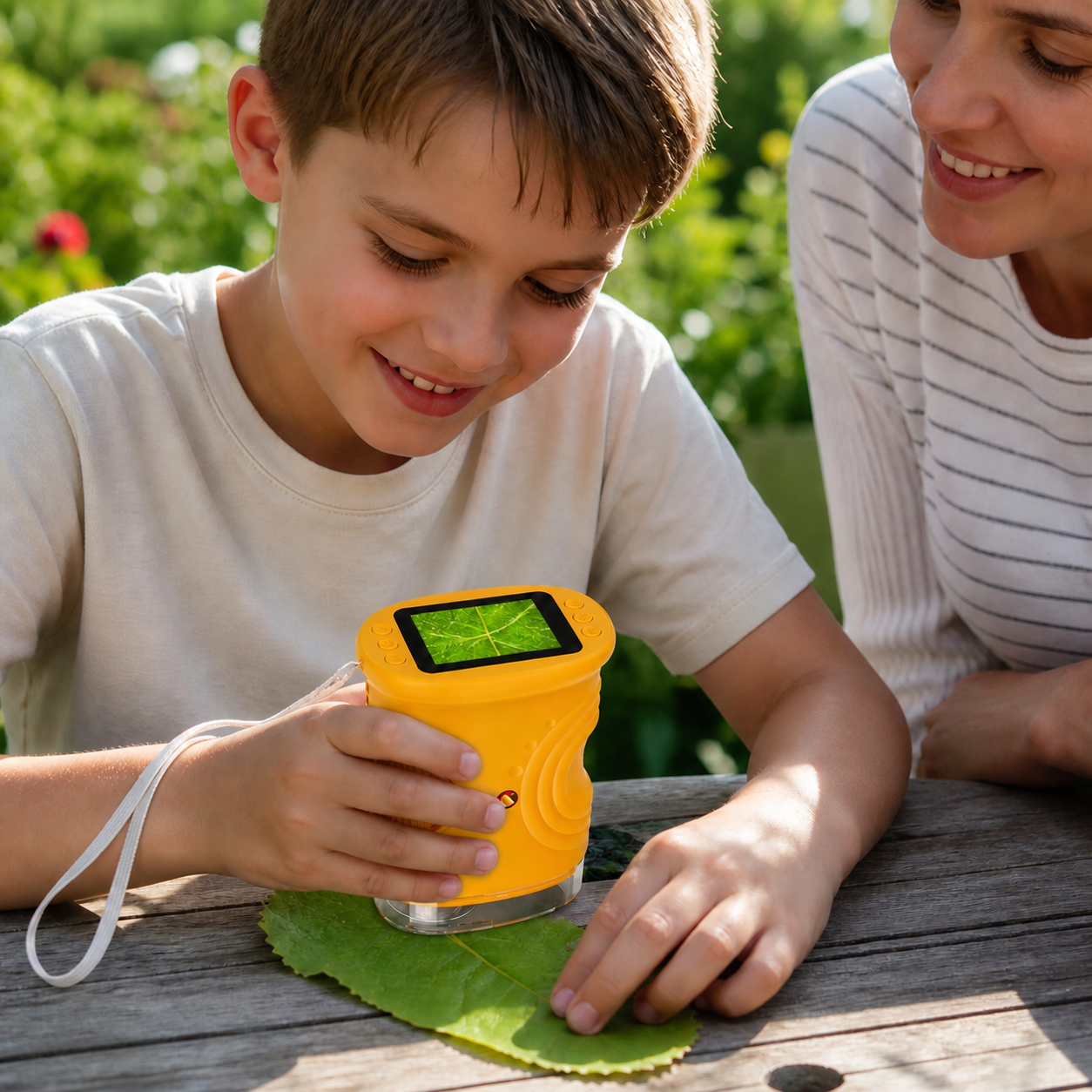 1000x Handheld Microscope Kids Screen Rechargeable Mini — child using the orange handheld microscope to inspect a leaf on an outdoor table while parent watches