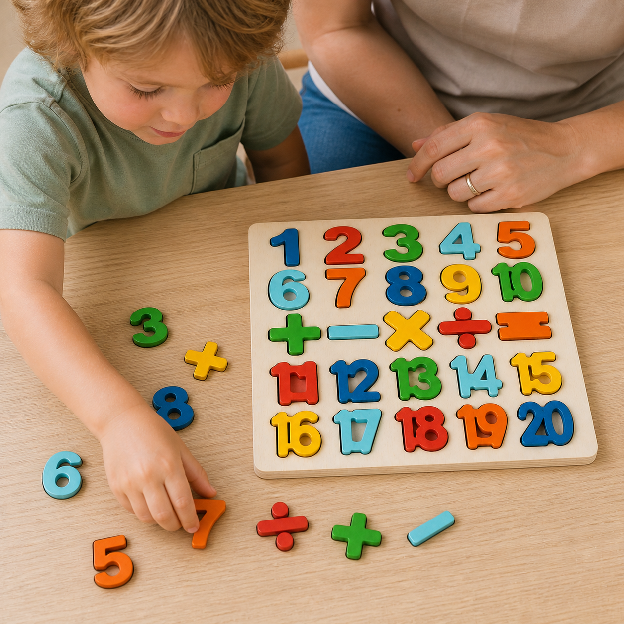 Montessori Toys Letter Numbers Wooden Puzzle Sorting Math — overhead close view of hands sorting several number and math-symbol pieces beside the board