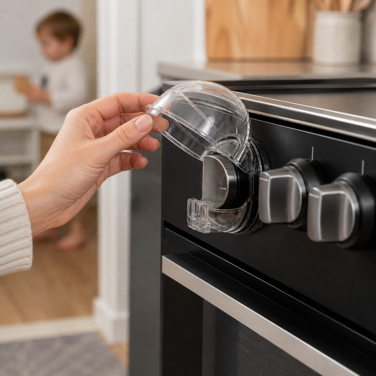 Stove Knob Covers Safety Plastic Kitchen Guards Universal — close side view of the cover opening and closing around the knob, anatomically correct adult hand