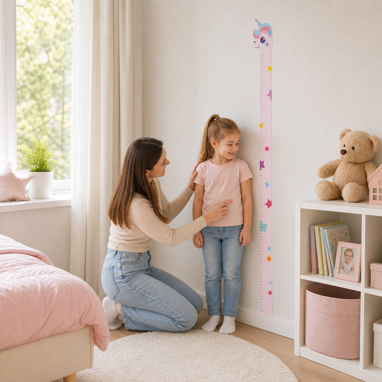 Child smiling beside the Unicorn-1 wall growth chart during a family milestone check