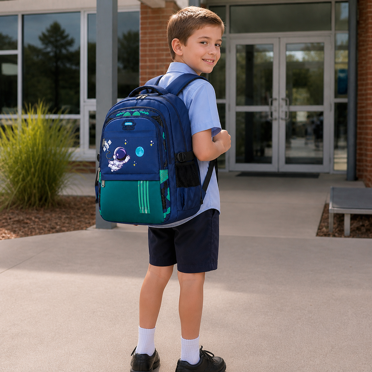 School-age child organizing supplies in a navy and teal astronaut backpack