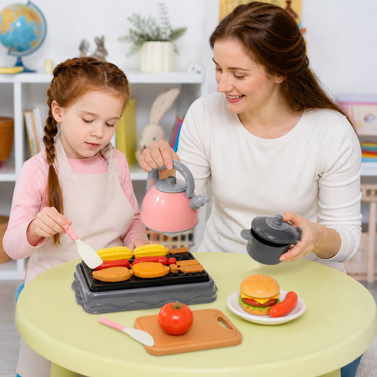 Young child preparing pretend food with a pink toy kitchen accessory set