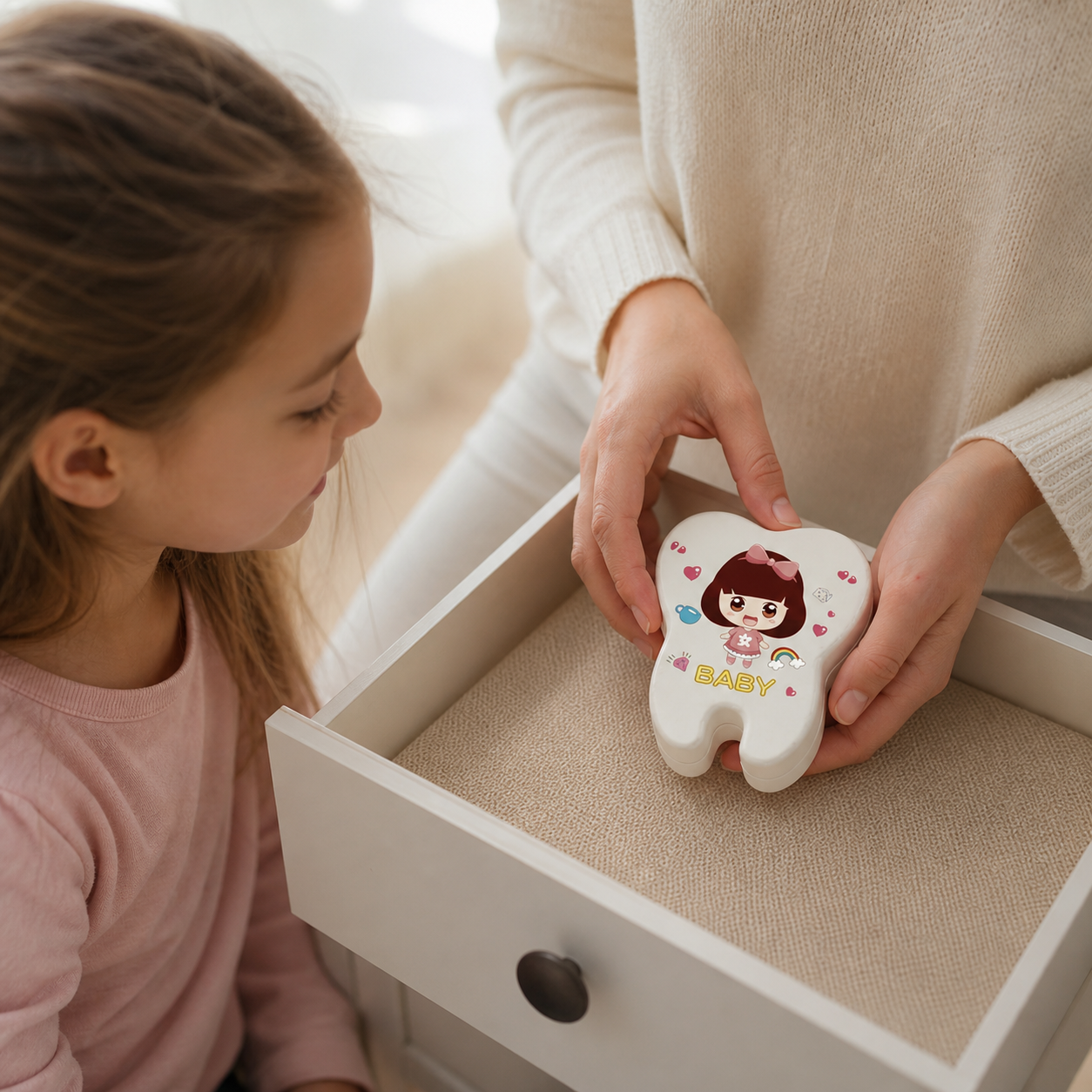 Baby Tooth Box Organizer Kids Milk Teeth Storage — closed tooth box stored safely in a labeled family keepsake drawer, child nearby but not handling loose pieces