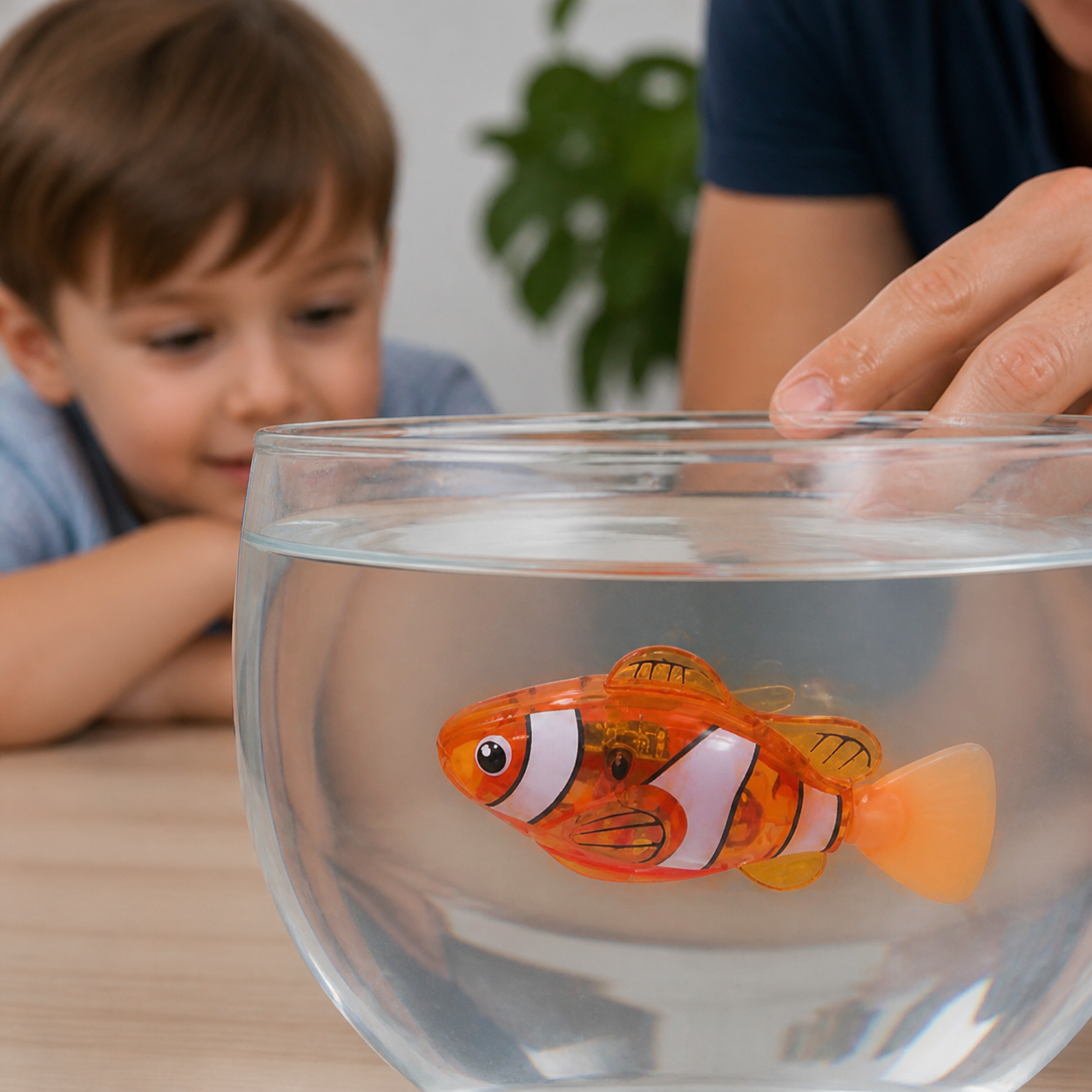 Photosensitive Swimming Clownfish Realistic Electric Pet — close underwater-side view of the exact translucent fish body and moving tail, no human hands distorted