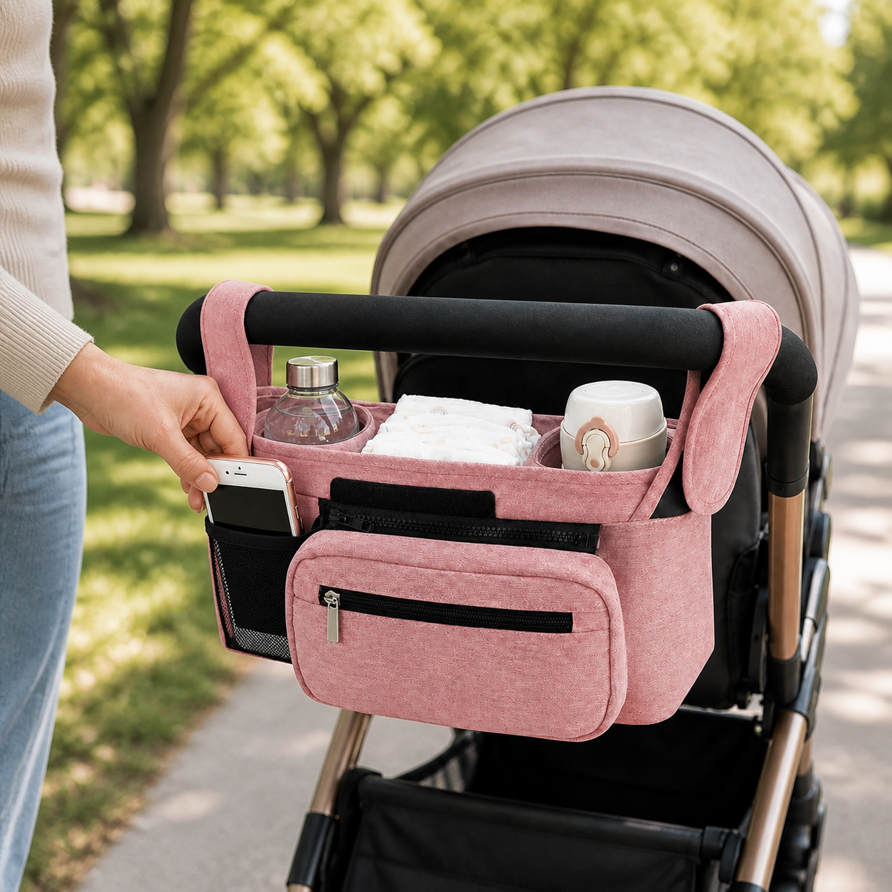 Pink insulated stroller organiser attached to a stroller during a daylight park walk.