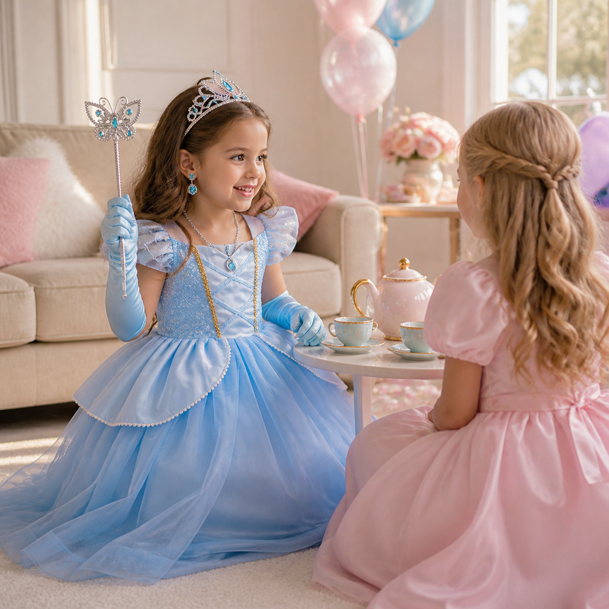 Child wearing the pale-blue princess dress and coordinated accessories during a supervised pretend tea party