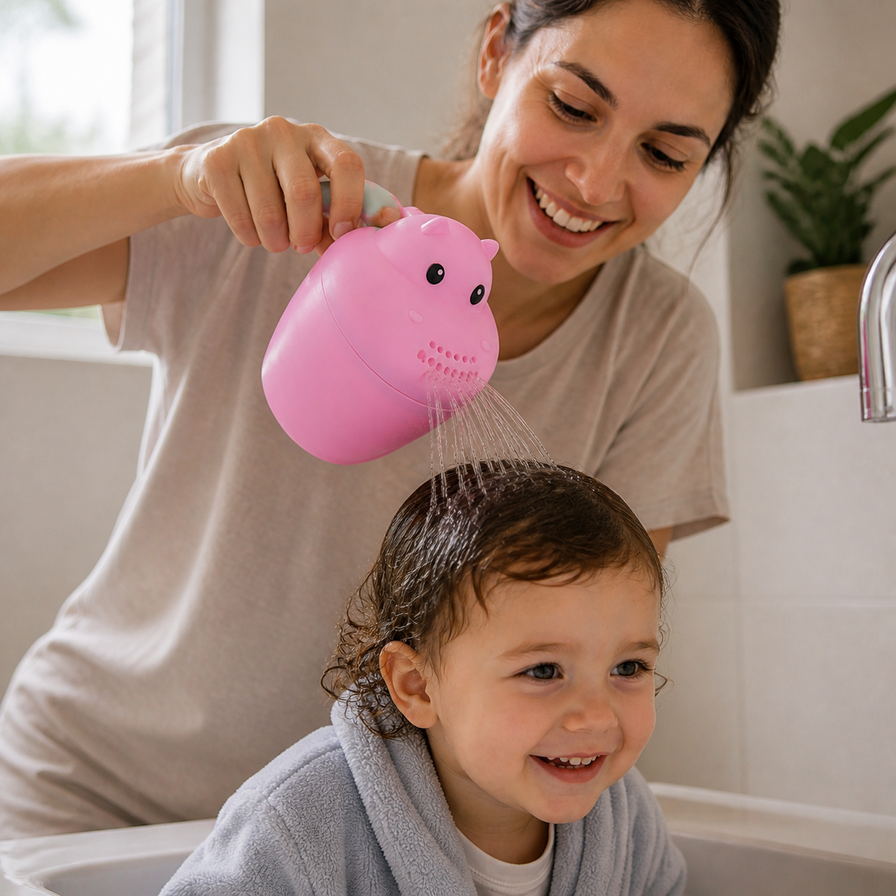 Baby Shampoo Rinser Durable Kids Rinse Cup Bath — fully clothed toddler leaning comfortably over a bathroom sink while parent pours a gentle stream from the pink whale rinser over the back of the hair, only head and shoulders visible
