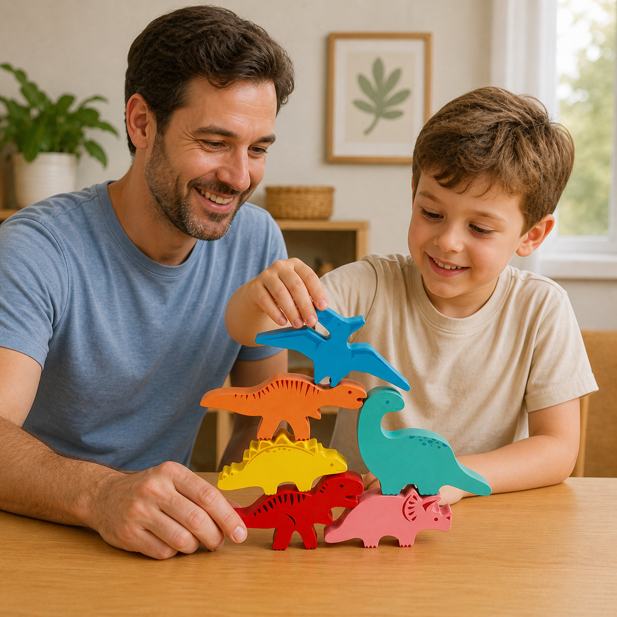 Six colored wooden dinosaur pieces beside stacking challenge cards