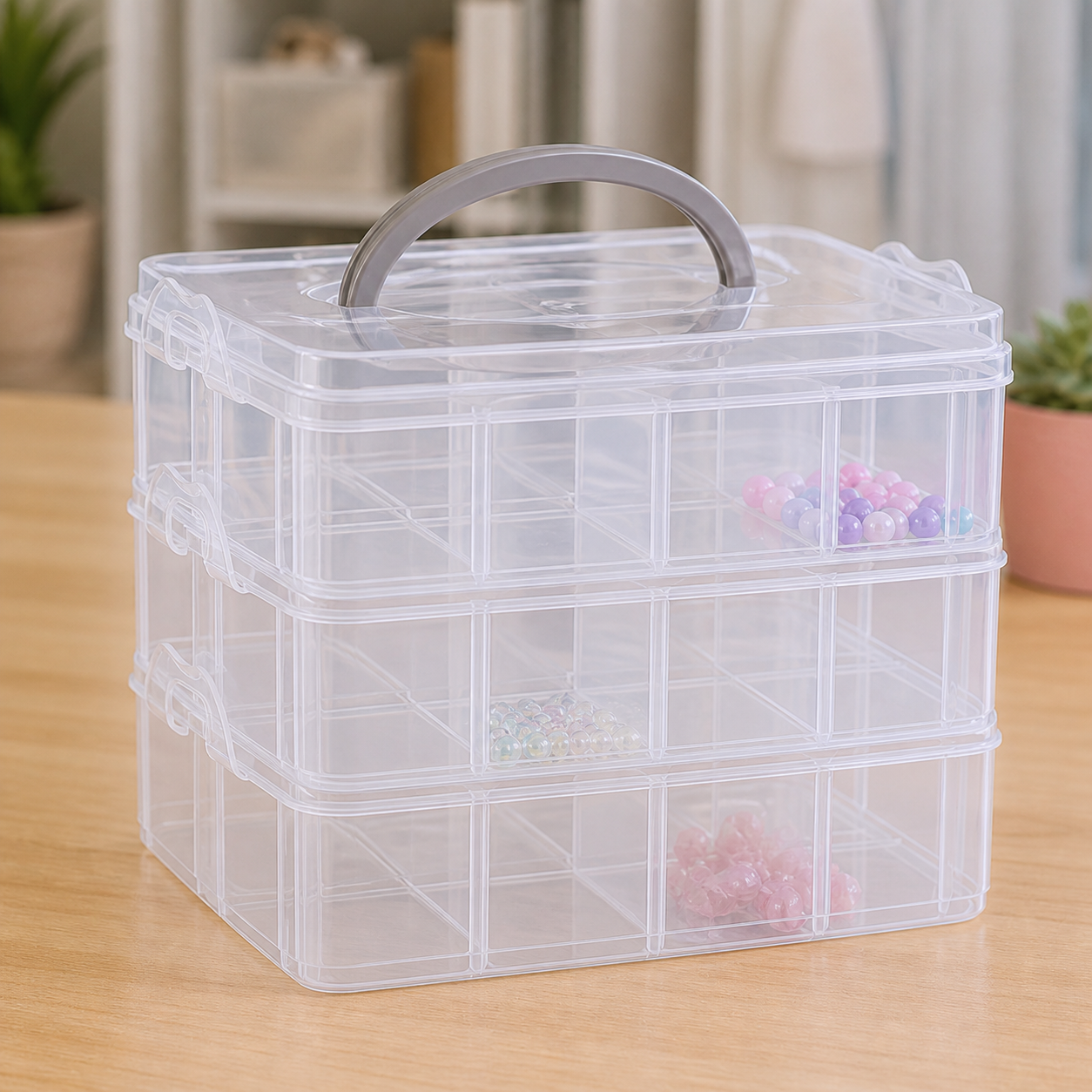 Clear jewelry organizer with three attached tiers and six compartments per tier