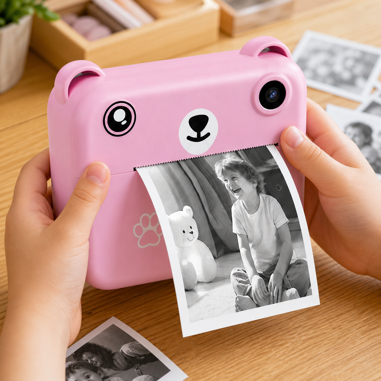 Close detail of a monochrome photo emerging from the pink child-friendly instant-print camera