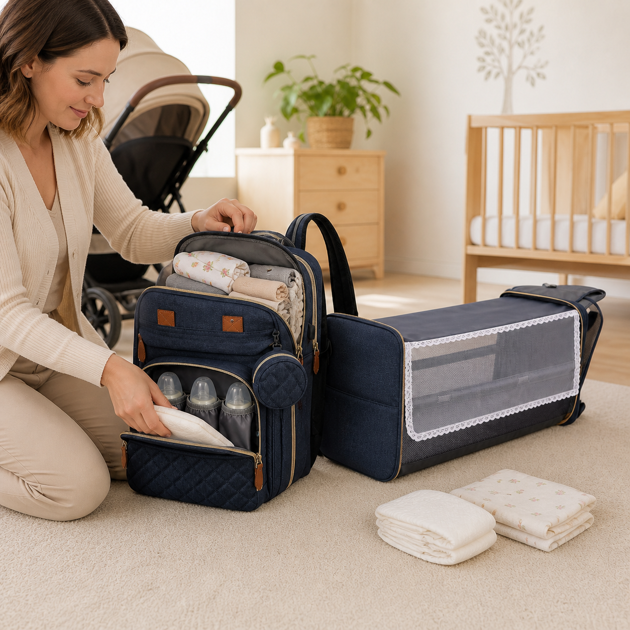 Parent arranging baby travel essentials inside a structured grey diaper backpack.