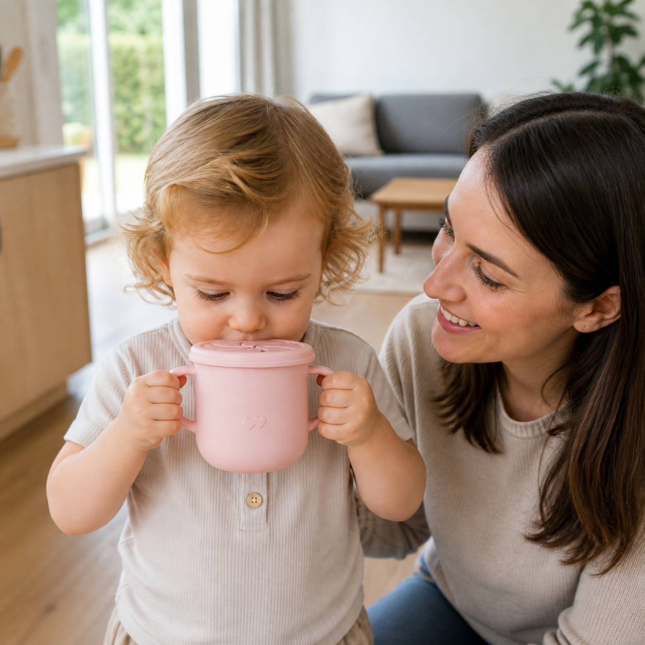 Baby Silicone Feeding Cups Portable Drinkware Sippy Food — upright toddler holding both handles of the pink silicone cup while parent watches