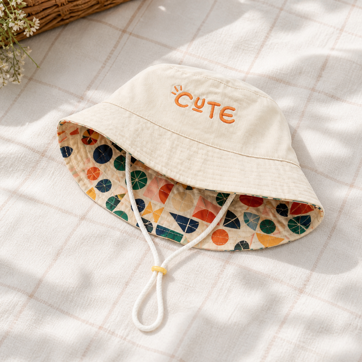 Close view of the colourful reverse side of the children's bucket hat