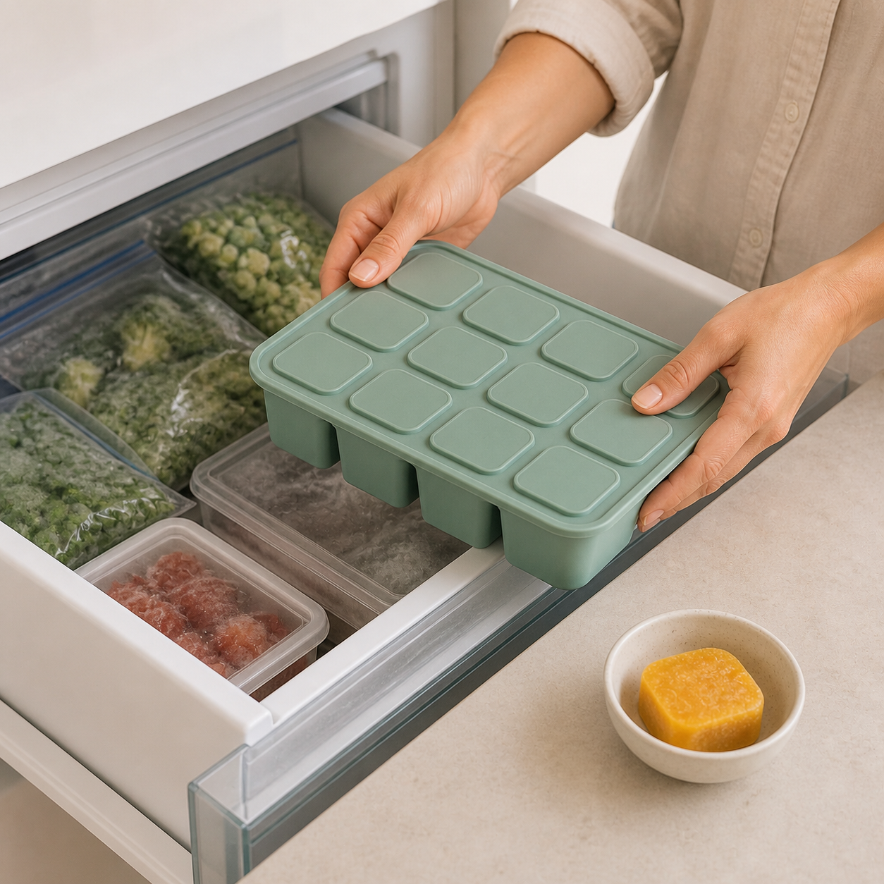 Covered sage baby food freezer tray being removed beside one prepared portion