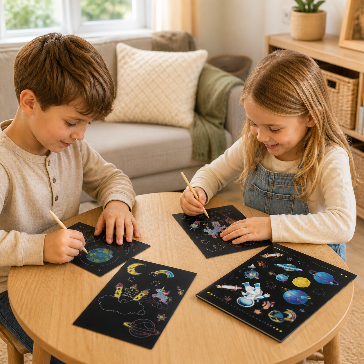 Two children sharing the Magic Rainbow scratch-art activity in a bright family room